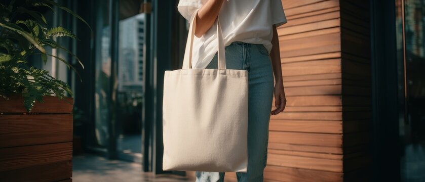 The stylish tote bag held by a woman in an urban environment.