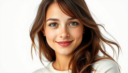 An image of a 20-30 year old European woman in profile, intended for use as an avatar on social media. Her hair is long, loose, slightly wavy, and chestnut-colored