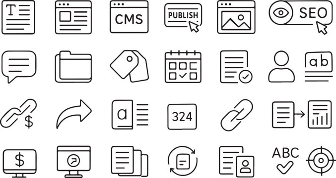 Collection of modern outline icons representing various digital marketing and business concepts for websites and applications