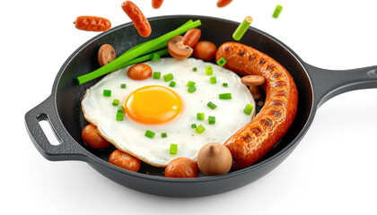 Fried egg in a frying pan with sausages, mushrooms and green onions. 3D rendering. Cast iron frying pan with flying vegetables and meat on a white background. Breakfast and home cooking concept. 3D il
