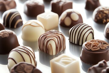 Assorted gourmet chocolate pralines arranged on glossy black reflective surface showcasing intricate designs and patterns