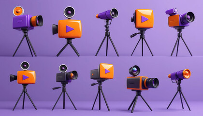 Set of 3D render icons with video camera rotation. Isolated cartoon purple and orange movie camera with microphone sign for filming movies or TV shows. Animation with sequential rotation of elements f