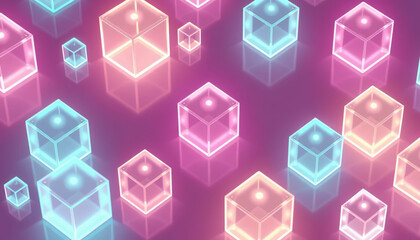 Holographic translucent cube with pastel gradient colors floating on black background, 3D rendering, soft neon glow, high resolution