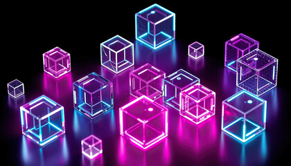Holographic translucent cube with pastel gradient colors floating on black background, 3D rendering, soft neon glow, high resolution