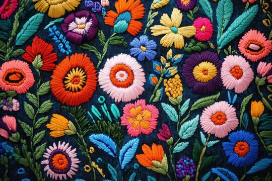 Colorful Floral Polish Folk Embroidery, Lively floral patterns in Polish folk embroidery