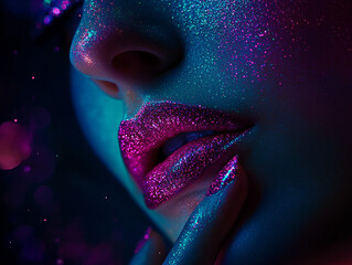 A close-up of shimmering pink glitter lips and nails with neon lighting. The sparkling texture and soft glow emphasize fashion, glamour, and beauty.


