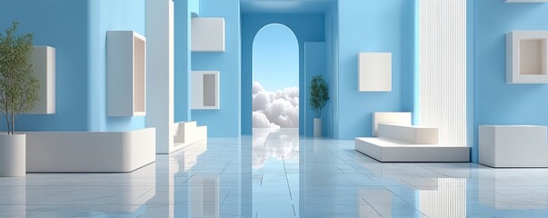 Fototapeta premium Modern light-filled interior with sky and clouds visible through the doorway