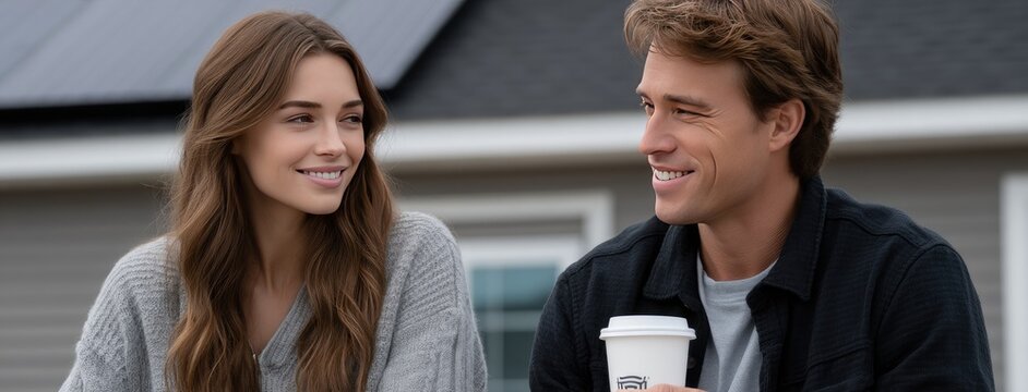 Young couple sits on their home's steps with solar panels, sipping coffee and happily chatting about their lives and home improvements