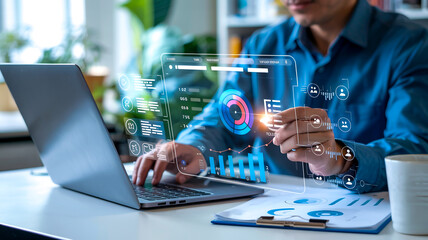 A professional business analytics dashboard visualization displayed transparently over a sleek, modern corporate office workspace
