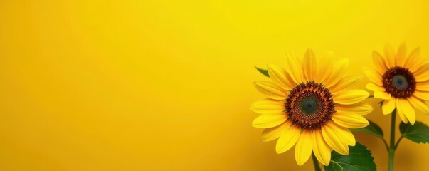 Vibrant sunflowers burst against sunny yellow backdrop, flower, sun