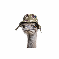 Ostrich in Camouflage Hat: A humorous, eye-level shot of an ostrich sporting a camouflage hat, head and neck visible, showcasing a unique blend of wildlife and fashion.
