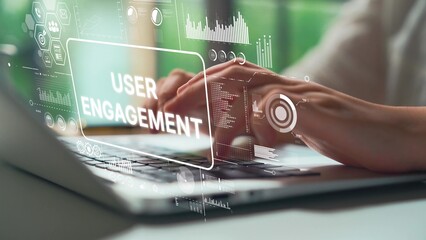 Hands Typing on Laptop with User Engagement Graphics and Digital Analytics Overlay for Marketing...