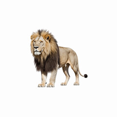 Obraz premium Majestic Male Lion: A powerful male lion, with a magnificent dark mane, stands proudly against a plain background, radiating strength and authority.