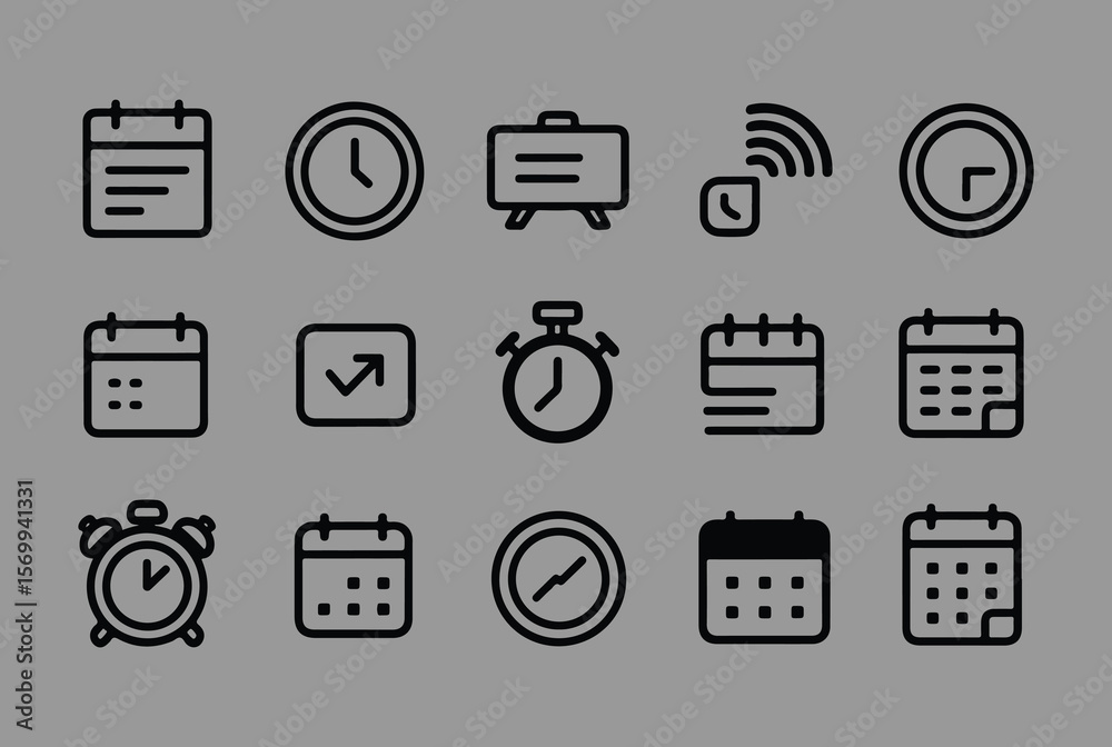 Poster collection of simple black outline icons representing time management and scheduling concepts agains