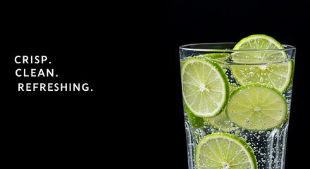 Glass of sparkling water with lemon slices on black background  