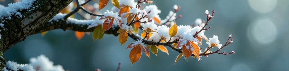 A delicate layer of snow covers the branches of a ancient bonsai beech, frost, leaf
