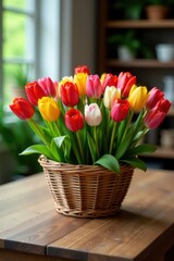 A basket of colourful tulips on a wooden table as a centerpiece, colourful flowers, vases, woven basket