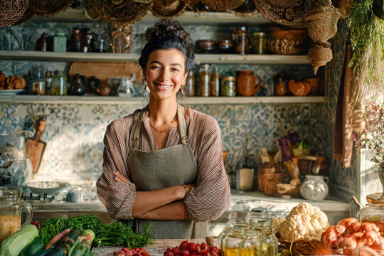 A woman, wearing a casual outfit with an apron, stands with her arms crossed in a well-lit modern kitchen. Sunlight filters through the window, casting a warm glow over the neat kitchen counter - Powered by Adobe