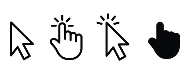 Gray computer mouse click cursor icon set, vector arrows and loading symbols for interface design

