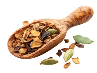 A wooden spoon is filled with a variety of spices, including cinnamon, nutmeg