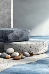 Minimalist display with natural stone decor on a textured background