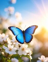 blue butterfly on flower close up, high definition image, afternoon light 