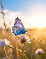 blue butterfly on flower close up, high definition image, afternoon light 