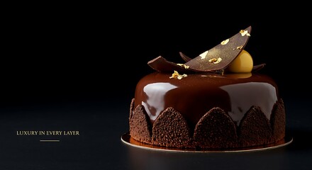 Luxurious chocolate dessert cake with elegant design on dark background  