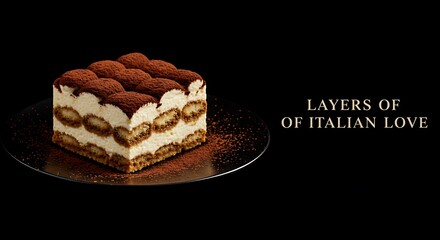 Tiramisu dessert on black background with layers of coffee and cream  