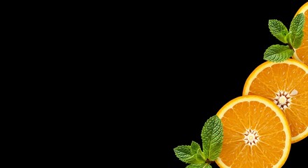 Fresh orange slices with mint leaves on black background  