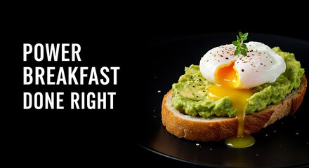 Delicious avocado toast with poached egg on black plate  