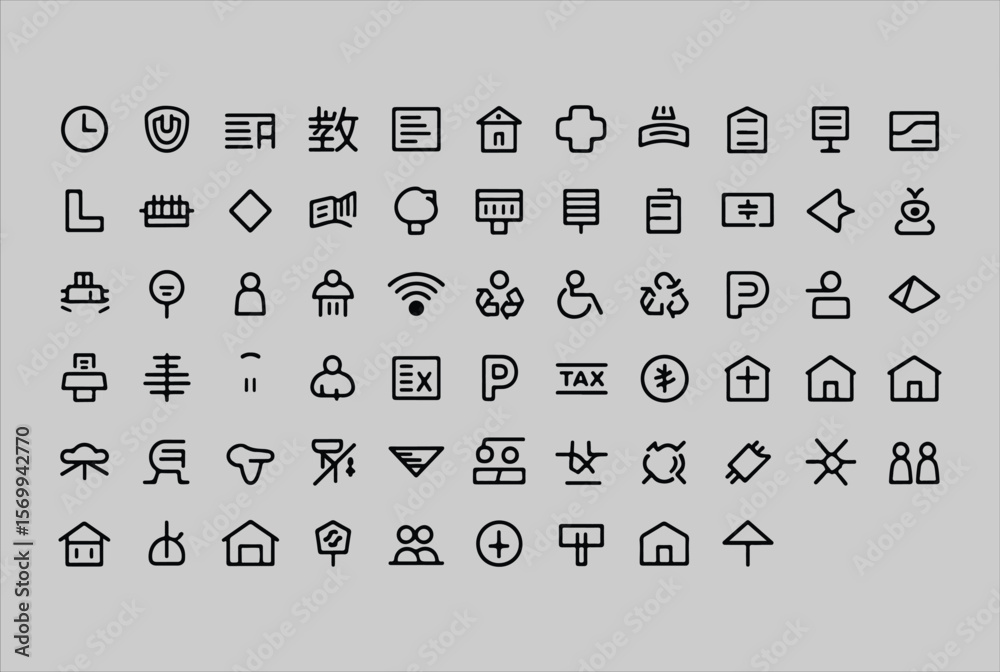 Poster Collection of various minimalist line art icons representing common symbols for user interface design and web applications