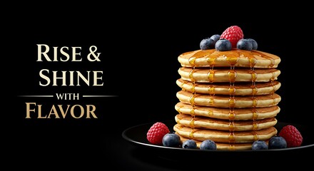 Stacked pancakes with berries and syrup on black background  