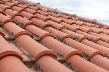Close-up image showcases textured rooftop composed of numerous weathered reddish-orange terracotta tiles, arranged in neat rows under overcast sky