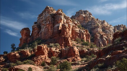 Fototapeta premium View of a rocky mountain formation with sparse vegetation under a blue sky on a sunny day outdoors
