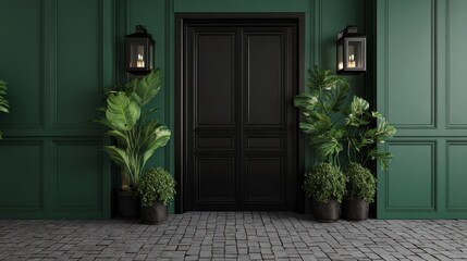 The elegant entrance showcasing a black door framed by lush greenery and stylish lanterns.