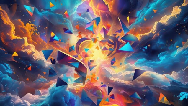 Colorful geometric shapes floating amidst swirling cosmic clouds abstract triangles