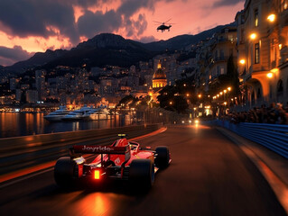 A red Formula 1 car speeds down a coastal city track at dusk, with yachts and a helicopter in the background. The image captures high-octane excitement with vibrant city lights and a purple-pink sky o