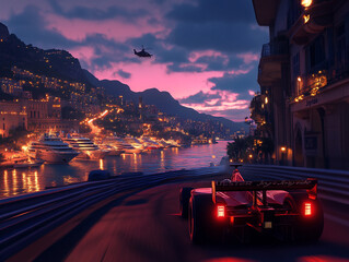 A red Formula 1 car speeds down a coastal city track at dusk, with yachts and a helicopter in the background. The image captures high-octane excitement with vibrant city lights and a purple-pink sky o