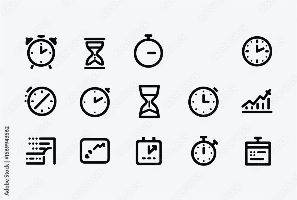 Aufkleber collection of simple black line art icons representing time management scheduling and analytics with