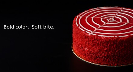 Red velvet cake with decorative icing on dark background  