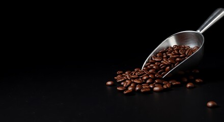 Coffee beans spilling from metal scoop on black background  
