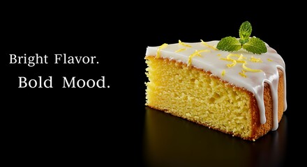 Lemon cake slice with icing and mint leaf on dark background  