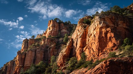 A view of a majestic red rock formation with trees under a blue sky with scattered white clouds