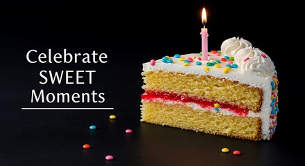 Birthday cake with colorful frosting and candle on dark background  