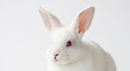 Fototapeta premium Lapin blanc doux pose d�licatement lumi�re douce fond blanc pur. AI Generated