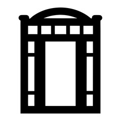 Stylized black silhouette of a tall cabinet with arched top and insets
