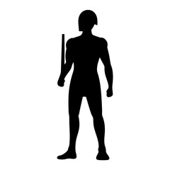Silhouette of a soldier with helmet standing holding a baton for security