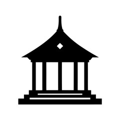 Silhouette illustration of traditional Asian building with sloping roof and columns