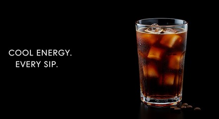 Iced beverage in glass with ice cubes on black background  